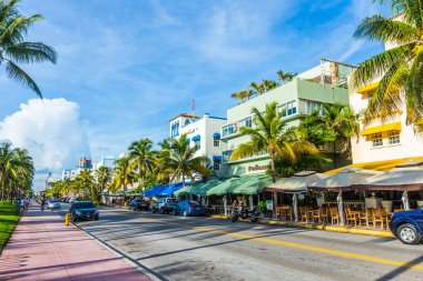 Miami, ABD - 20 Ağustos 2014: Okyanus yolunda palmiye ağaçları olan Art deco Hotel Pelikan ön cephesi, güney sahili, Miami.
