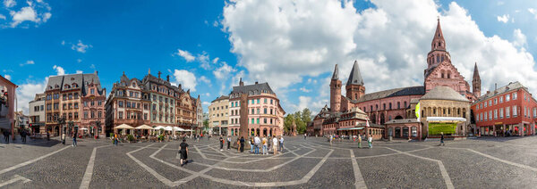 Mainz, Germany - July 5, 2023: The market square in the old town of Mainz, Germany with cathedral.