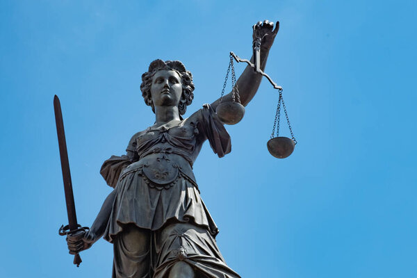 Frankfurt,Germany - August 10,2023: statue of Lady justice in Frankfurt at the Roemer, Frankfurt, Germany