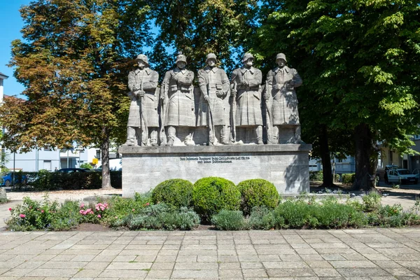 Worms Germany August 2023 Stone War Memorial Depicting Five Soldiers — Stock Photo, Image
