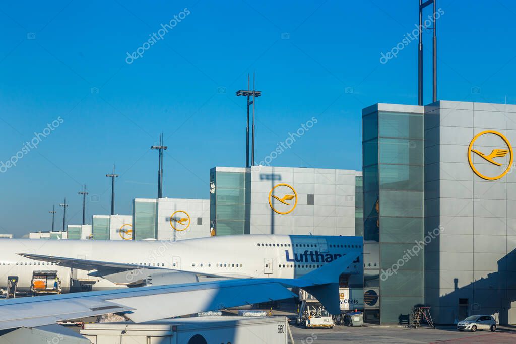 Frankfurt, Germany - July 17, 2014: Lufthansa aircrafts at Terminal 1 Gates at Frankfurt international airport. Lufthansa houses Terminal one for all flights.
