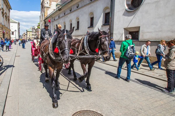Krakow Polónia Maio Carruagem Puxada Cavalo Praça Mercado Padronizado Cor — Fotografia de Stock