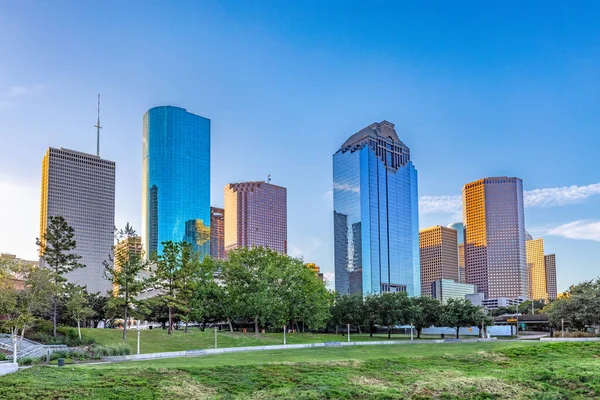 stock image scenic skyline of Houston, Texas in morniong light seen from Buffalo bayou park