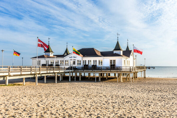 Pier and Beach of Ahlbeck at baltic Sea on Usedom Island,Mecklenburg- Vorpommern,Germany