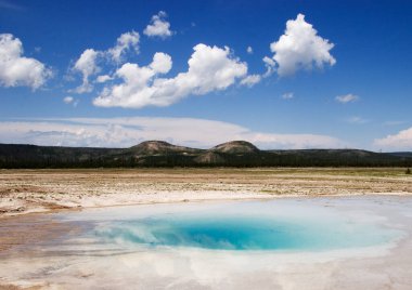 Yellowstone Ulusal Parkı 'ndaki Yukarı Gayzer Havzası' ndaki çeşitli gayzerlerden buhar yükseliyor.