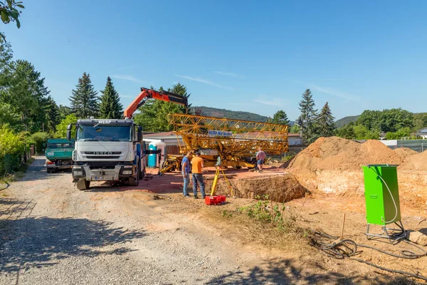 Fischbach Germany July 2020 Large Lorry Transports Crane Construction Site — Stock Photo, Image