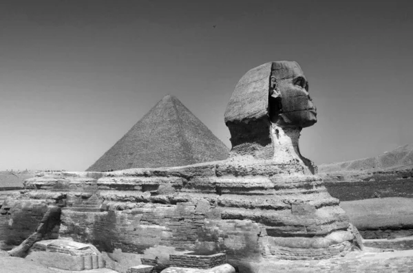 ギザの背景では ピラミッドとスフィンクスの完全なプロフィール — ストック写真