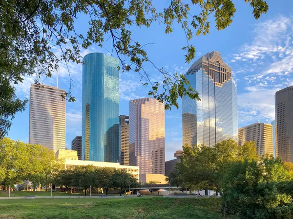 Houston, Teksas 'ın manzaralı silueti. Sabah ışığında Buffalo Bayou Parkı' ndan görüldü.