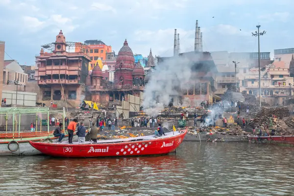 Varanasi India February 2024 Old Wooden Boats Pier Border River — Stock Photo, Image