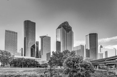 Houston, Teksas 'ın manzaralı silueti. Sabah ışığında Buffalo Bayou Parkı' ndan görüldü.