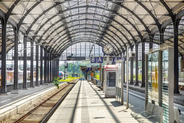 stock image the Wiesbaden historic train station in wilhelmian style is a smaller version of Frankfurt train station without people