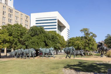 Dallas, ABD - 6 Kasım 2023: Dallas, Teksas 'taki Pioneer Plaza' da bir dereden geçen Longhorn sığır sürüsünün heykeli.