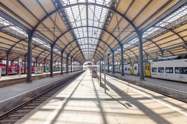 Wiesbaden, Almanya - 22 Ağustos 2024: Wiesbaden, Almanya 'daki tarihi klasik tren istasyonunda tren bekleyen insanlar.