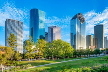 Houston 'ın ufuk çizgisi mavi gökyüzünün altında, park önplanda.