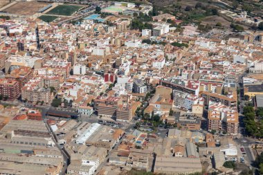 Valencia 'nın ufuk çizgisine manzaralı hava manzarası. İspanya
