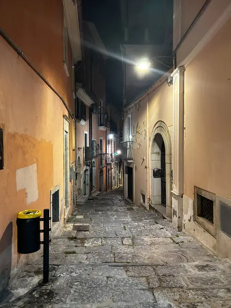 İtalya, Potenza 'da geceleri eski evleri olan eski dar bir sokak lambası.