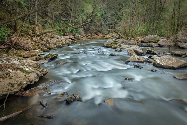 カンバーランド山テネシーの岩の川を流れる水は 荒野にいることの平和でシュールなトーンを示しています ストックフォト