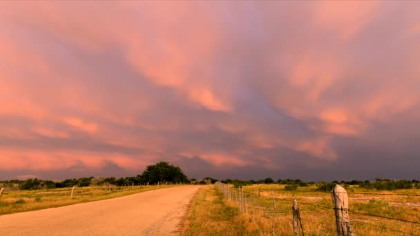 在大平原的乡间土路上 一幅幅粉色的云彩 夕阳西下 闪烁着闪电 — 图库视频影像