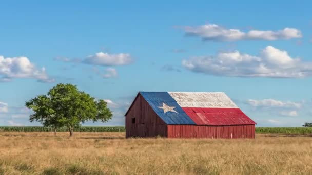 Nagranie Upływu Czasu Opuszczonej Starej Stodoły Symbolem Teksasu Namalowanym Dachu — Wideo stockowe
