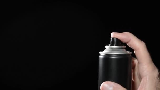 Man Depresses Button Aerosol Spray Can Dispensing Chemicals Atmosphere — Stock Video