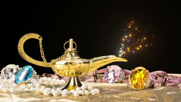 Формування Чарівного Божества Золота Чарівна Лампа Оточенні Багатства Ювелірних Виробів — стокове відео