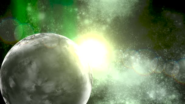 Зелена Примхлива Космічна Сцена Місяцем Передньому Плані Скупченнями Галактик Задньому — стокове відео