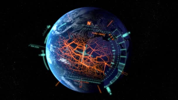 Ein Raumschiff Computer Analysiert Straßenkarten Der Erde Bei Koordinierter Einfahrt — Stockvideo