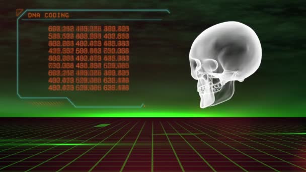 Supercomputer Futuristic Grid Calculates Key Element Human Skull Rotates — Stock Video