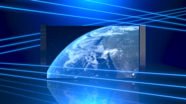 Gezegen Mavi Işık Şebekesi Arka Planında Yüzen Fütüristik Bir Televizyon — Stok video
