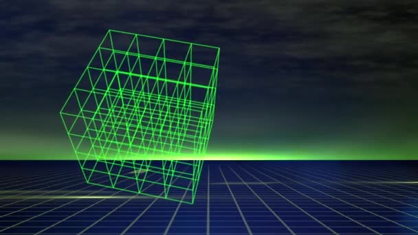技術の構築ブロックを示すアニメーション3D緑のボックスグリッドは 未来的な背景に回転します — ストック動画