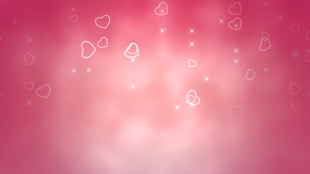 美しいパステルピンクのバレンタインのビデオ背景には 白いハートの輪郭と 斑状のピンクと白の焦点を当てた背景に縁取られた輝きがあります — ストック動画