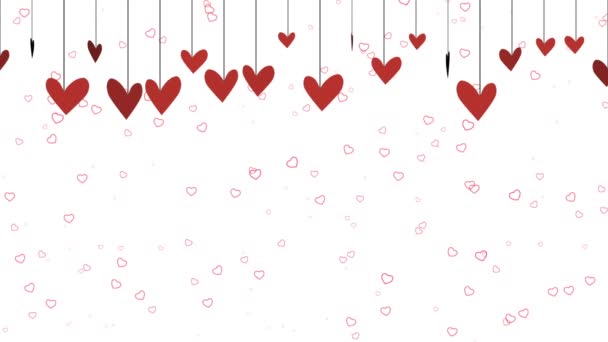 Fun Cartoonish Valentines Background Video Dangling Red Hearts Top White — Stock Video