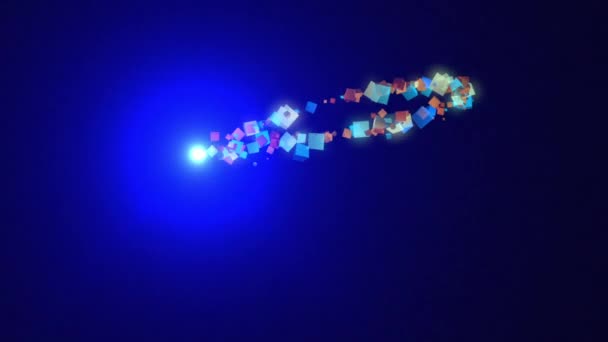 Анимированный Светящийся Шар Выпускает Маленькие Квадратики Случайным Образом Синем Фоне — стоковое видео