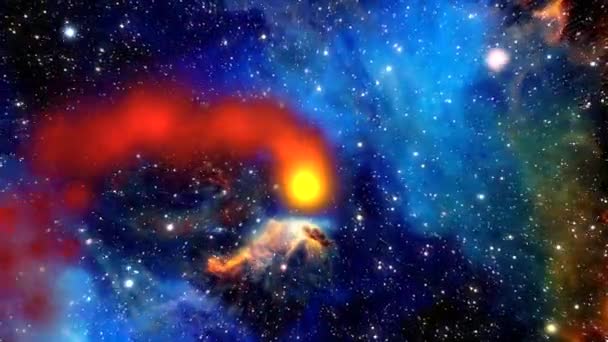 在深空燃烧的橙色恒星辐射出火焰和气体 在遥远的星系中留下气体痕迹 — 图库视频影像