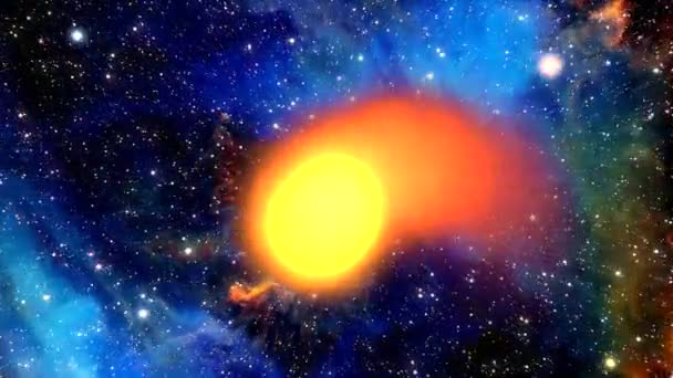 深宇宙の燃えるオレンジ色の星は火とガスを放射し ガス状の歩道を残して画面を埋めます — ストック動画