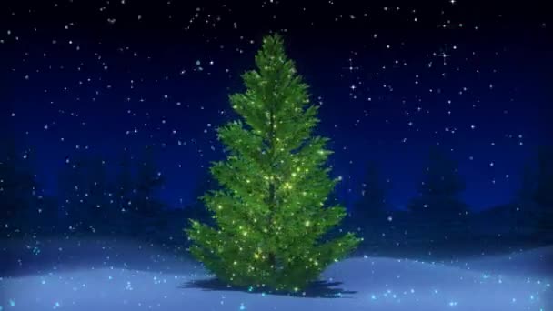 Schöne Rotierende Weihnachtsbaum Fantasie Rotierenden Einer Verschneiten Waldkulisse Mit Hellen — Stockvideo