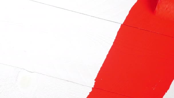 Художник Використовує Валик Нанесення Покриття Червоної Фарби Білу Ґрунтовану Дерев — стокове відео