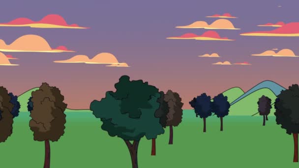 Desenho Animado Panning Árvores Campo Verde Destacado Por Pôr Sol — Vídeo de Stock