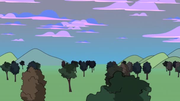 Panning Animowana Kreskówka Drzew Zielonym Polu Podświetlone Pomarańczowym Zachodem Słońca — Wideo stockowe