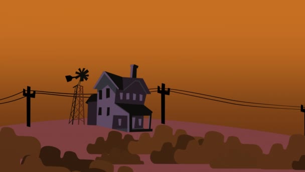 Panning Animált Rajzfilm Egy Hátborzongató Régi Ház Egy Dombtetőn Alkonyatkor — Stock videók
