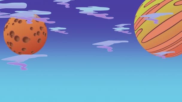 Animerad Tecknad Serie Orange Roterande Planeter Mörk Himmel Med Puffy — Stockvideo