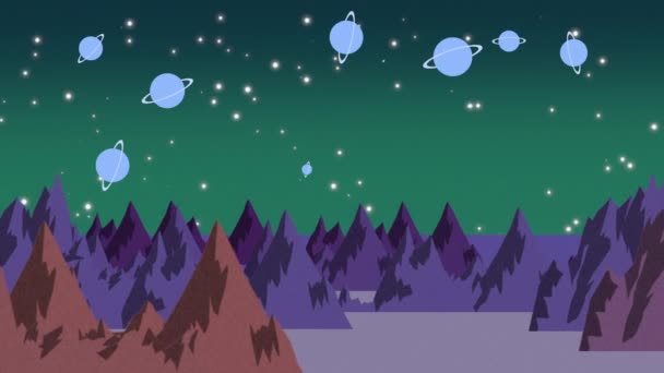Animerad Tecknad Serie Ringade Planeter Och Stjärnor Mörk Himmel Inramad — Stockvideo