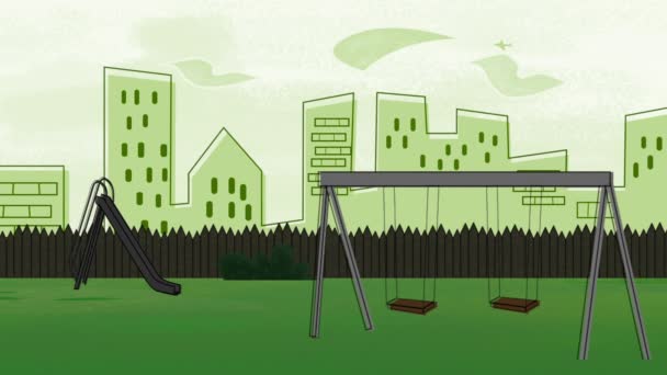 Анімаційний Мультфільм Про Гойдалки Парковому Майданчику Біля Міського Пейзажу — стокове відео