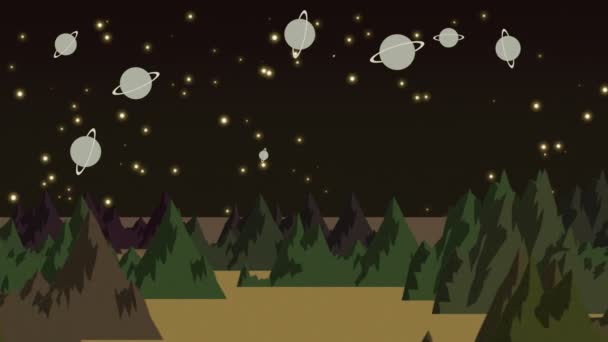 荒野の森に囲まれた暗い空に輝く惑星や星のアニメーション漫画 — ストック動画