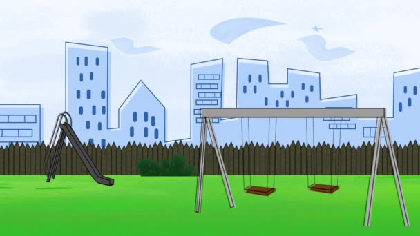 Dibujos Animados Columpio Situado Parque Infantil Cerca Paisaje Urbano Del — Vídeos de Stock