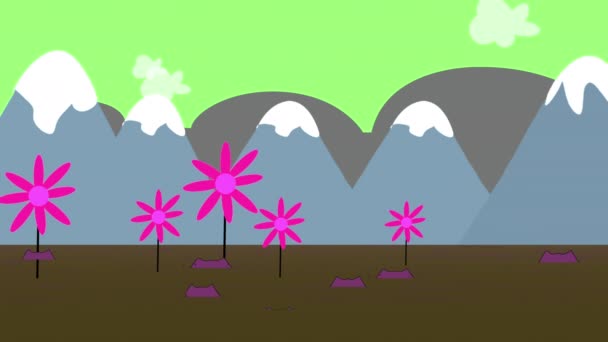 Animovaný Karikatura Pestré Zahrady Sedá Proti Horskému Pozadí Jak Mraky — Stock video