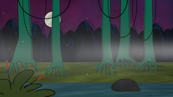 Анімаційний Мультфільм Про Вогняних Мух Освітлюється Старому Моторошному Болоті Вночі — стокове відео