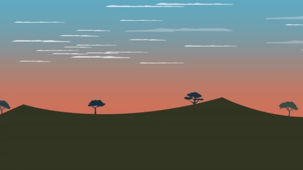 Animowana Kreskówka Chmur Poruszających Się Powoli Otwartej Łące Rzadkimi Drzewami — Wideo stockowe