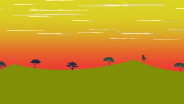 Мультфильм Облаками Медленно Движущимися Открытому Лугу Редкими Деревьями Выстилающими Склон — стоковое видео