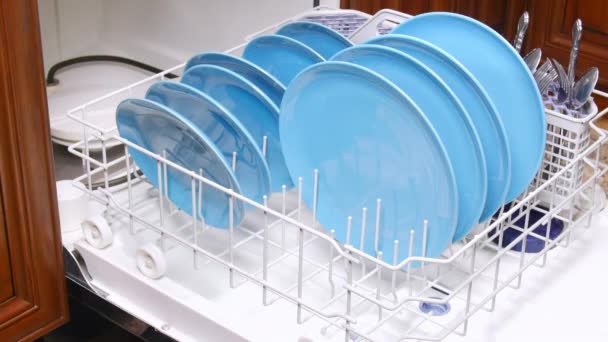 Dinner Person Loads Blue Dirty Dishes Household Dishwasher Appliance Cleaned — Wideo stockowe